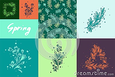 Rustic wedding decor. Vector herbal wreaths with hand-drawn flowers. Vector Illustration